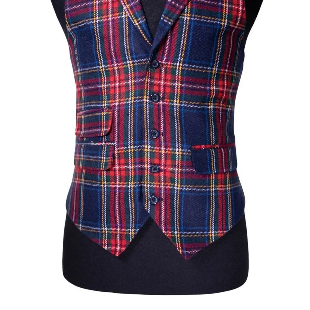 Mens Tartan Vest 40R Blue Red Green Wool Plaid Waistcoat Medium Christmas Party